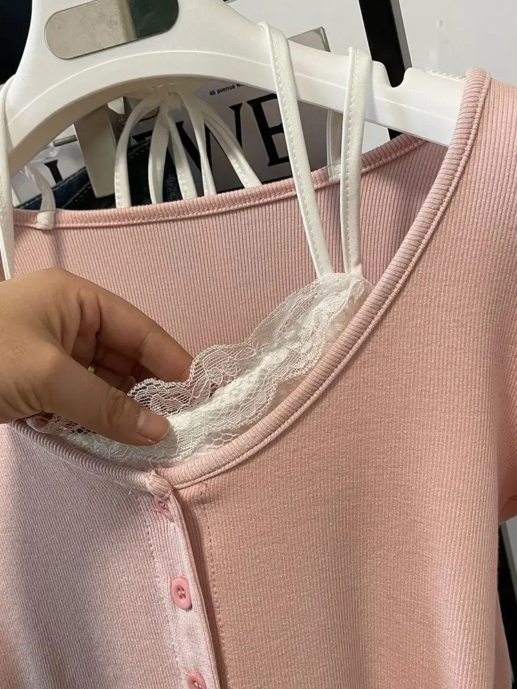 Sweet Fake Two-piece Pink T-shirts Women Kawaii College Long Sleeve Cropped Spliced Daily Casual Tops Streetwear 2025