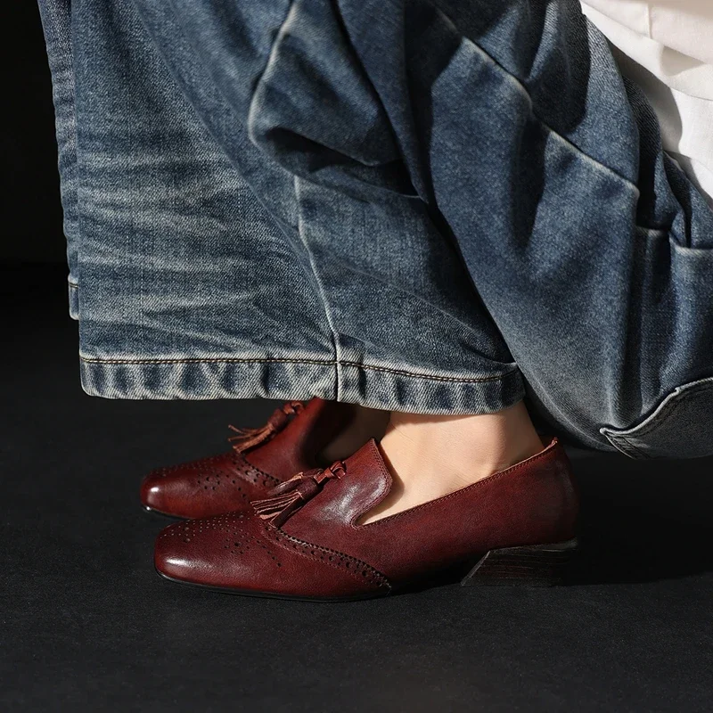 2027 Autumn Handmade Tassel Brogues Leather Oxford Shoes Women Block Derby Casual Shoes Sneaker Black Brown Carved Single Shoes