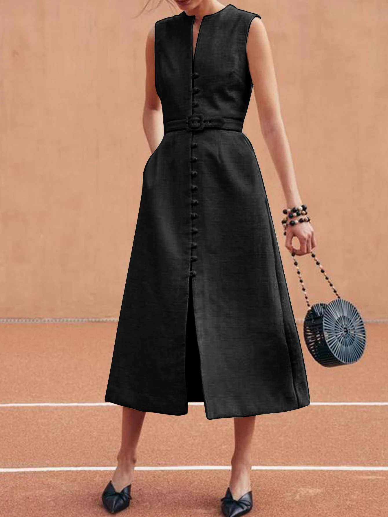 

Элегантное женское черное платье миди без рукавов, с поясом на талии, на пуговицах спереди, А-силуэт, повседневное офисное платье для женщин