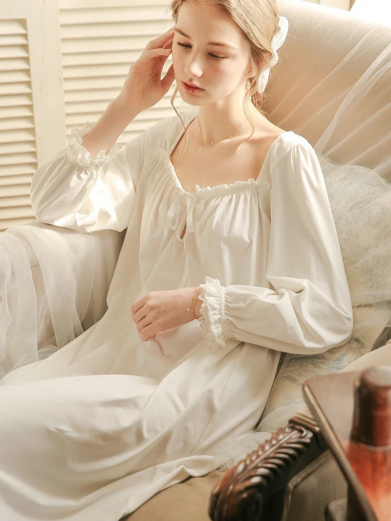 Women Cotton Spring Nightgowns Vintage Princess Nightdress Long Sleeve Loose Pajama Dress Ruffles Lace-up Victorian Sleepwear