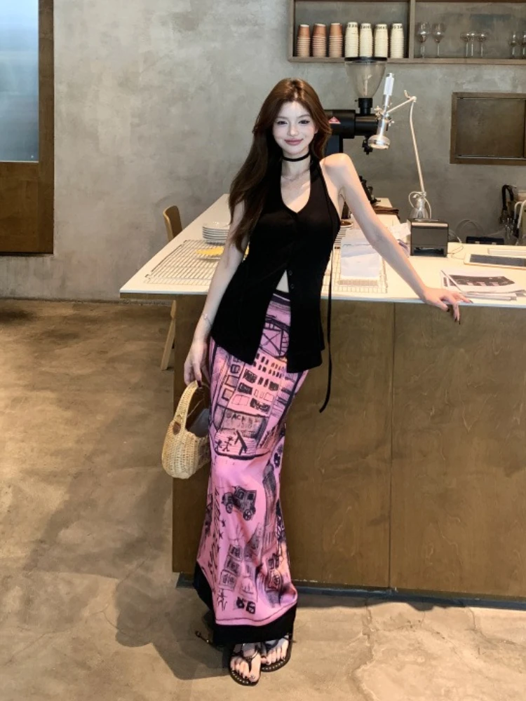 

Korobov Американские ретро летние тонкие лоскутные прямые юбки с ручной росписью и принтом с высокой талией