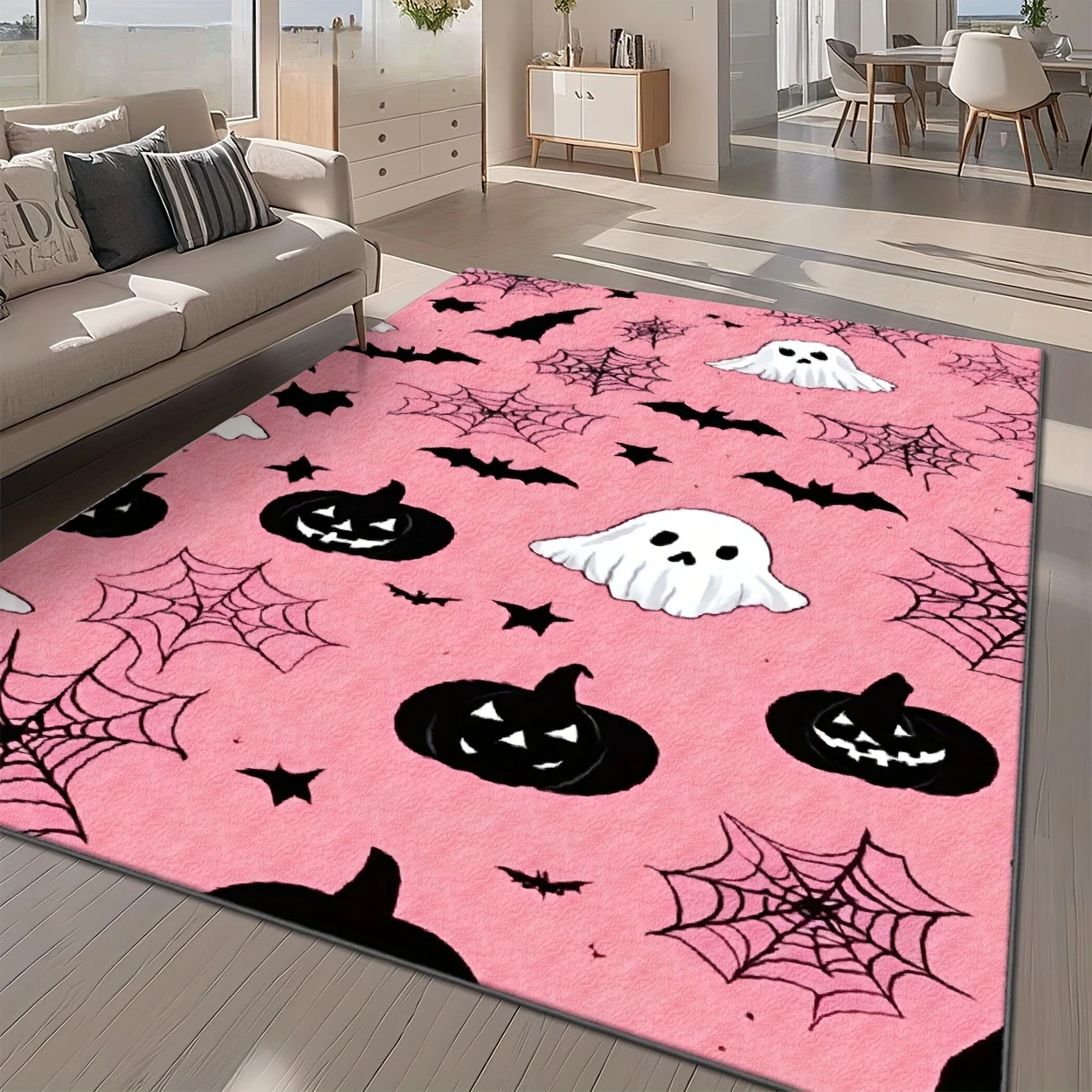 Pink Halloween Rectangle Area Rug,Ghost Pumpkin Bat Spider Web Printed Floor Carpet,Spooky Holiday Living Room Indoor