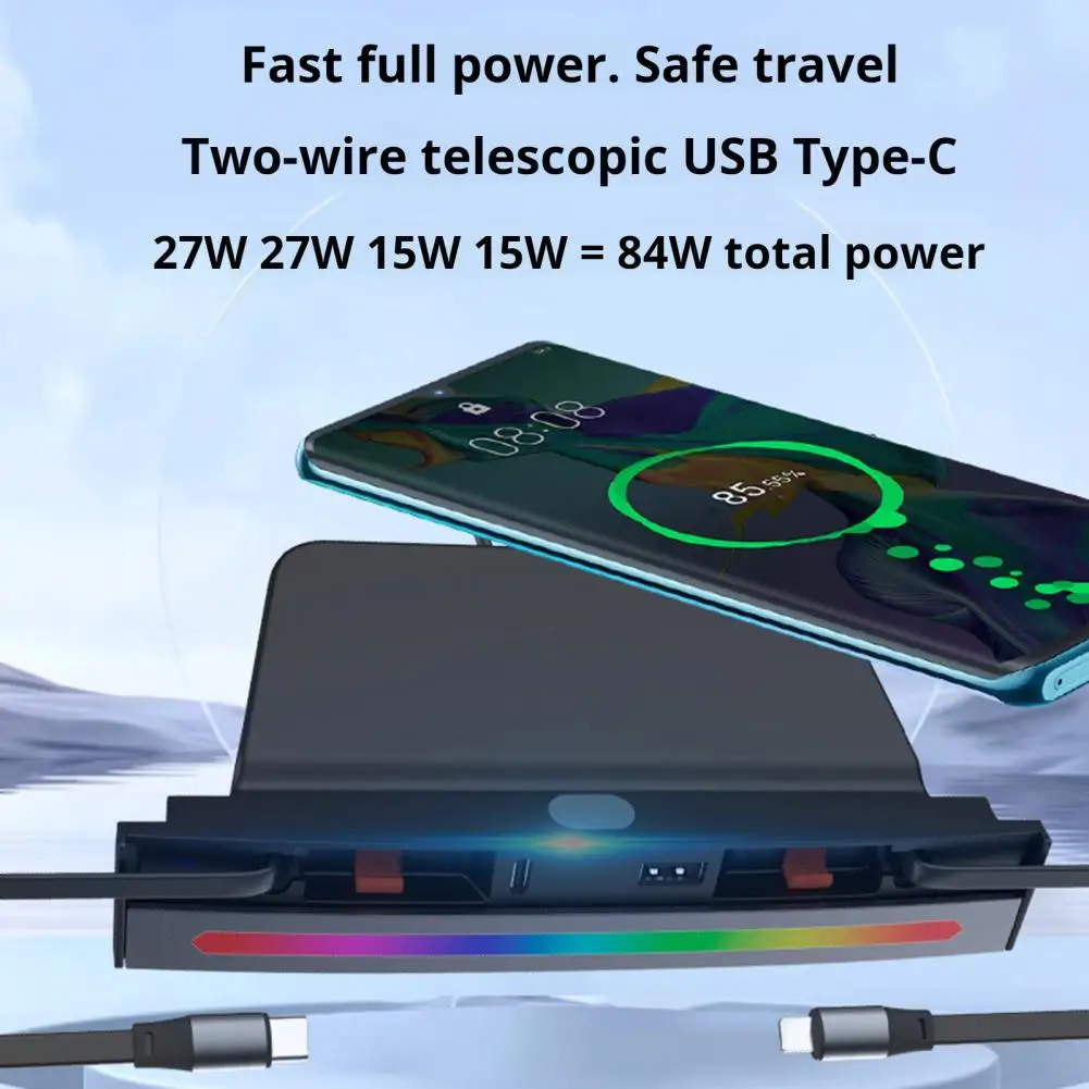 

USB-концентратор, быстрое зарядное устройство для Tesla Model 3 Model Y, 27 Вт, водонепроницаемая док-станция с выдвижным кабелем с окружающим освещением, 4 зарядки Po