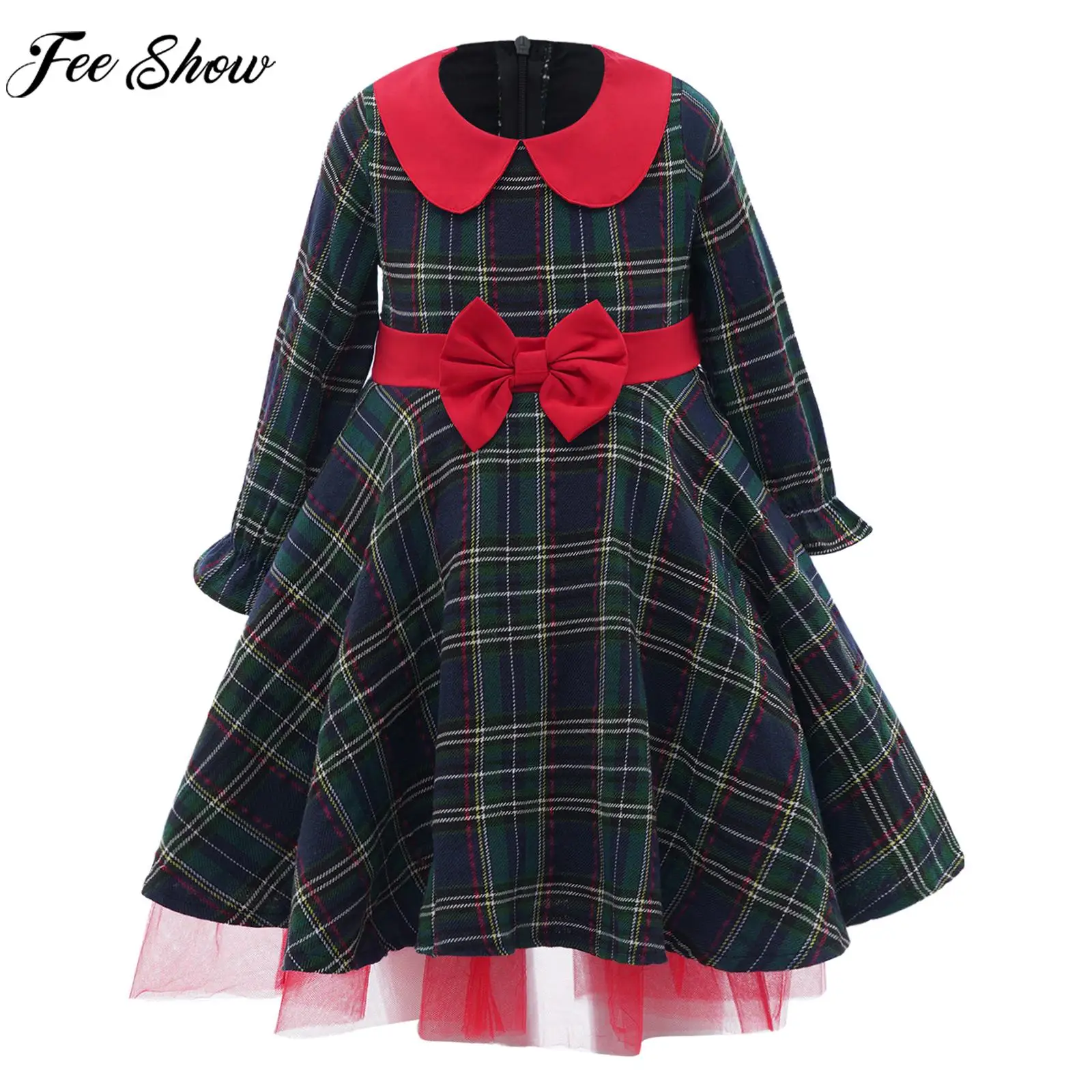 

Kids Girls Christmas Princess Dresses Baby Christening Birthday Party Costume Long Sleeve Vintage Cute Bowknot Plaid Mesh Tutu