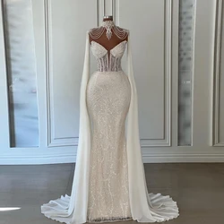Sparkle Beading Lace Mermaid Bridal Dress Elegant Pearls Appliques Wedding Gowns Custom Made Chiffon Cape Prom Party Dresses