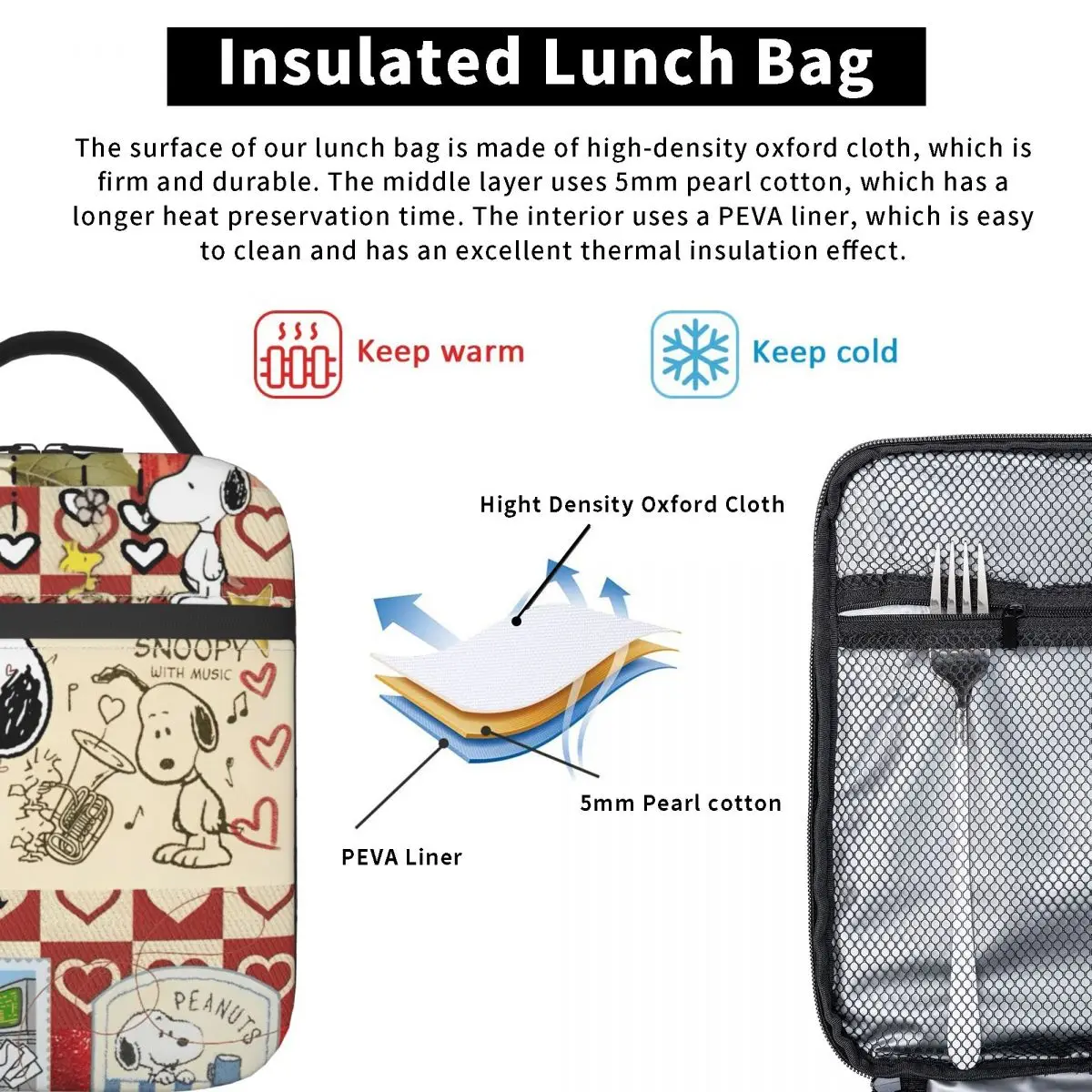 Izolowana torba na lunch z motywem Snoopy, pudełko na jedzenie w stylu Ins, termiczna torba chłodząca na bento do szkoły.