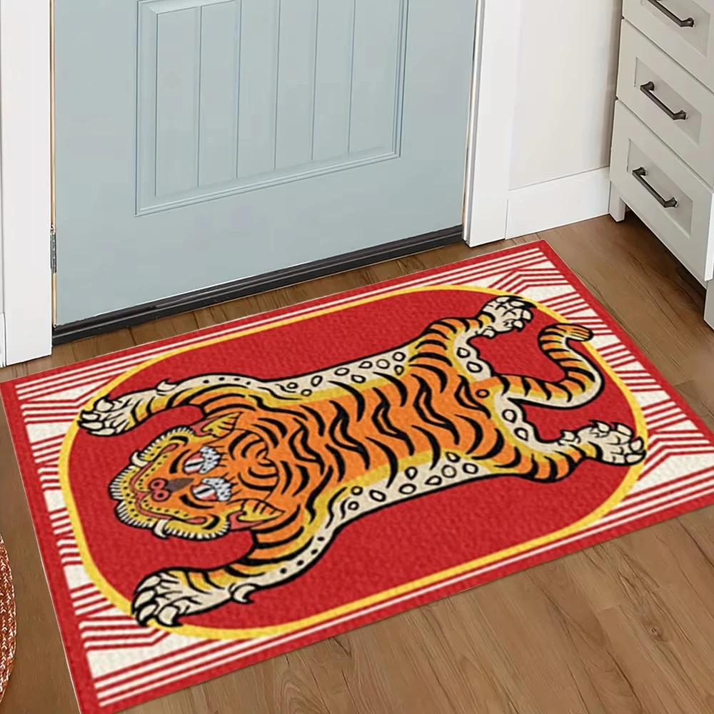 VIKAMA Retro Tibetan Tiger Print Doormat, Non-Slip Absorbent Washable Floor Rug for Entryway, Living Room & Home Decor