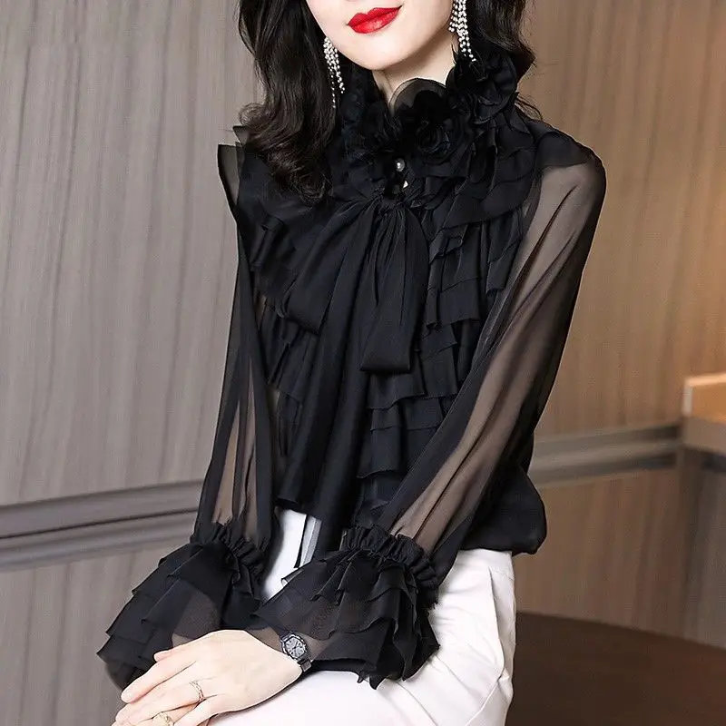 Elegant Bow Petal Sleeve Gauze Shirt Women\'s Clothing 2022 Spring New Fashion Office Lady Commuter Ruffled Neck Blouse Female