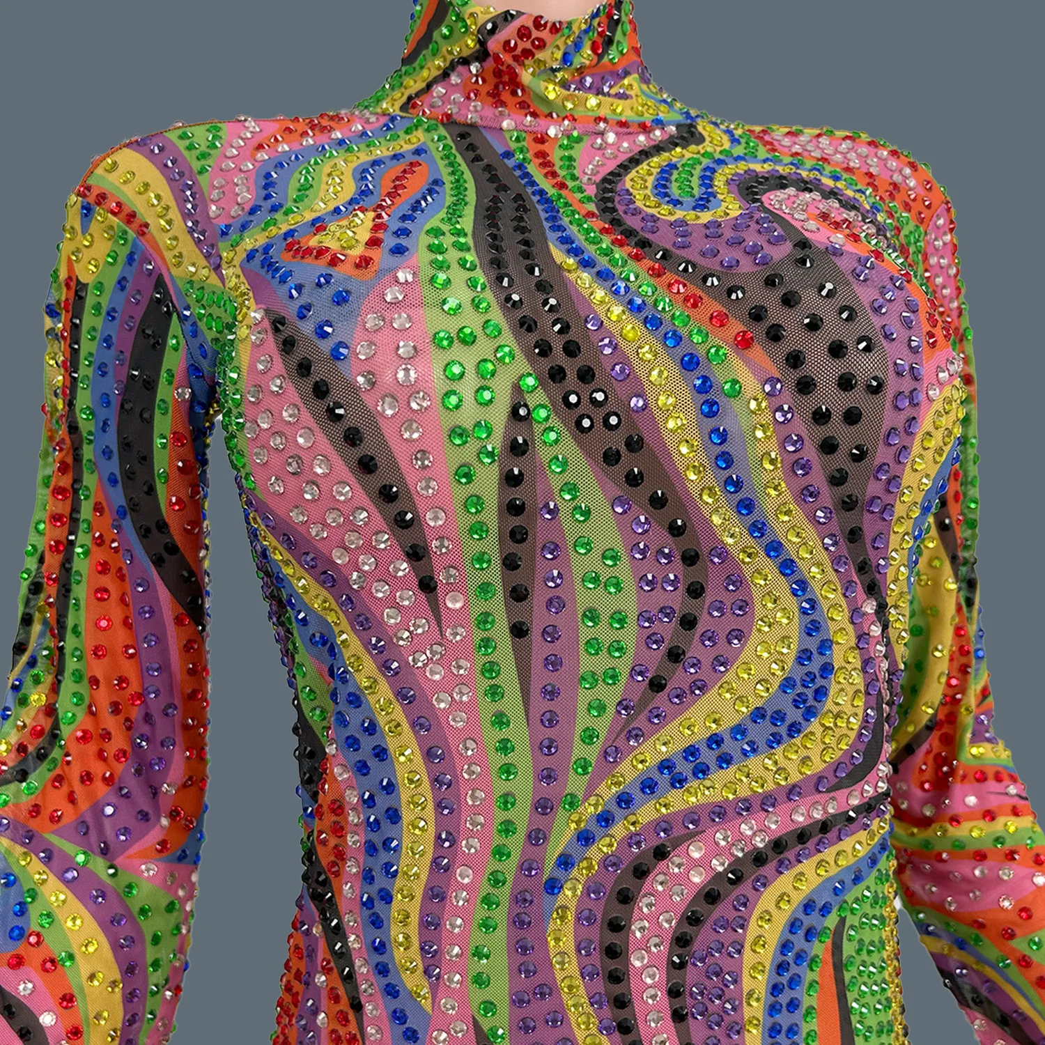 بذلة من حجر الراين بلون قوس قزح سباركلي، بدلة قفز ضيقة عصرية رائعة، ملابس سحب الملكة، ملابس الحفلات Liuliku