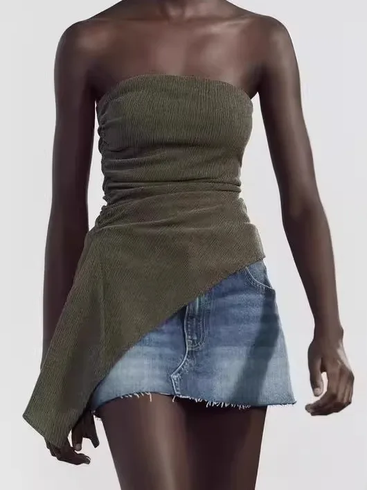 

Faionable Wrap Chest Sle Straight Collar Top Women's New Arrival Summer Cleanfit Polyester Fiber A-Line Sve No Sve