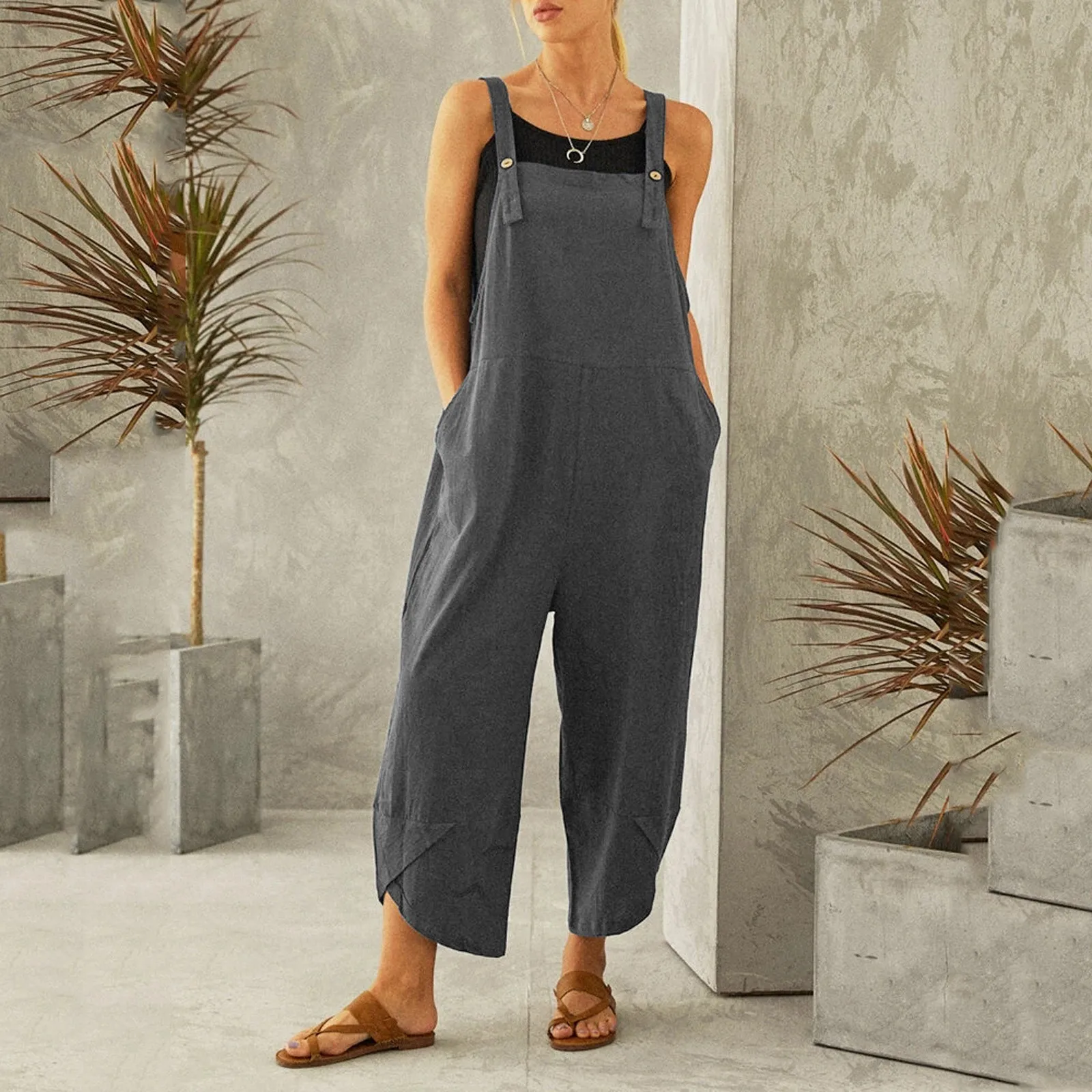 Long Jumpsuit Fashion Button Women's Jumpsuit Solid Color Women Loose Knot Tie Button Jumpsuit Womens Plus Size Overalls