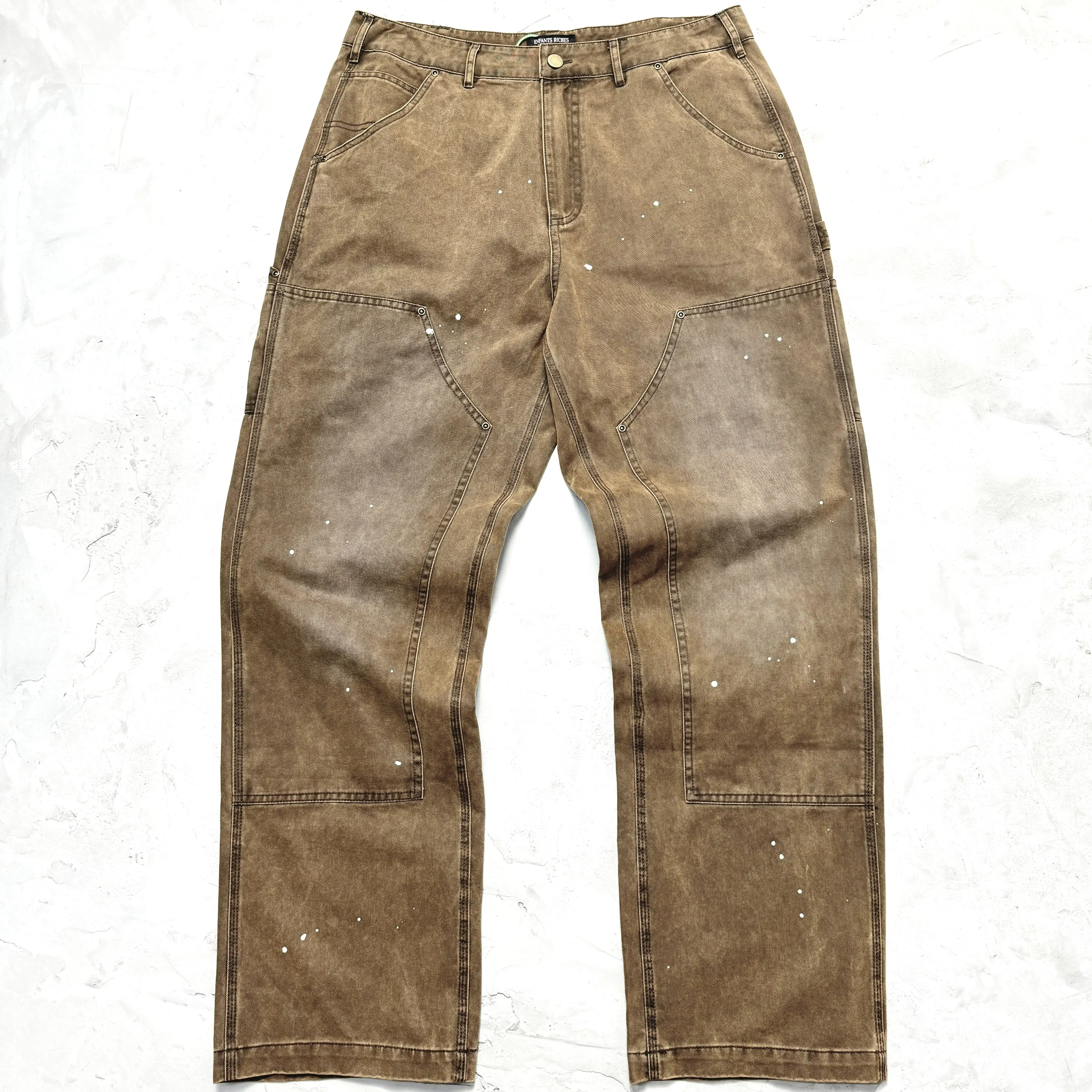 

Американская мода, потертые водой старые брюки с двойными коленами, лесозаготовительные брюки, ретро-тренд, джинсы карамельного цвета с брызгами чернил