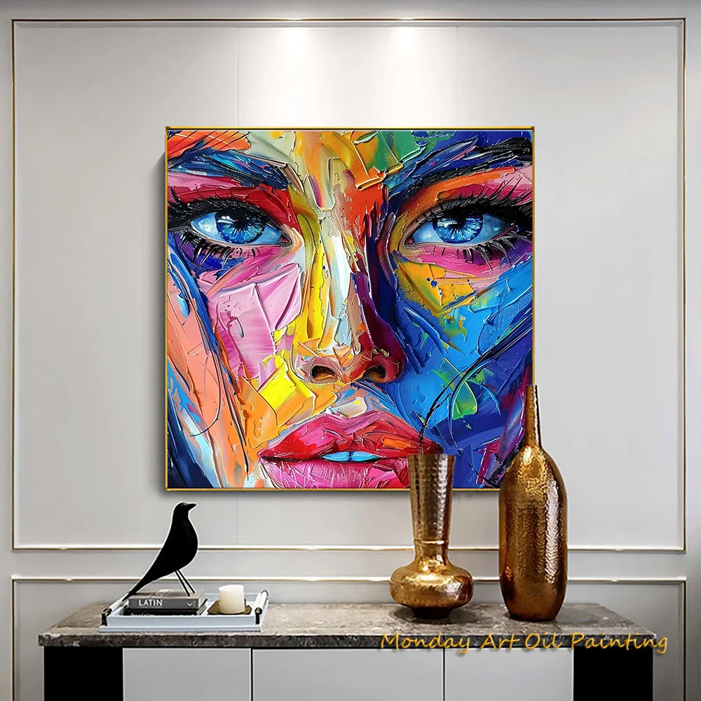 Abstract Colorful Face Oil Painting On Canvas Large Wall Art Original Textured Girl Wall Art Fashion Living Room Home Decor Gift