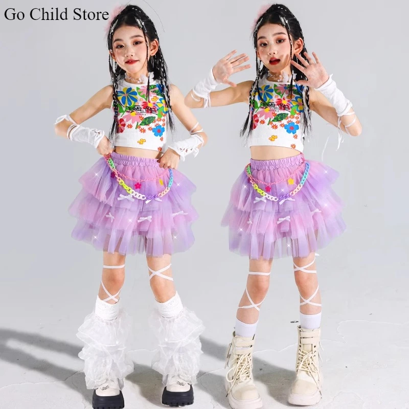 Girls K-pop Crop Top Sweet Colorful Layered Skirts Kid Hip Hop Streetwear Child Jazz Costume Girl Group Street Dance Clothes Set