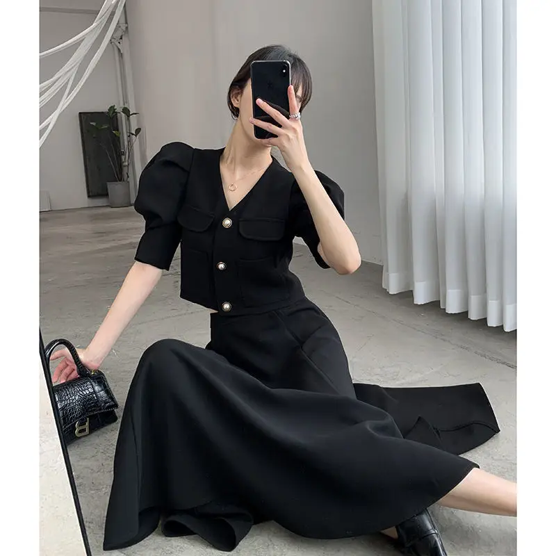 Summer Elegant Black Two Piece Dress Sets Retro Womens Outifits Puff Sleeve Crop Top+A Line Skirts Korean Fashion Hepburn Suit