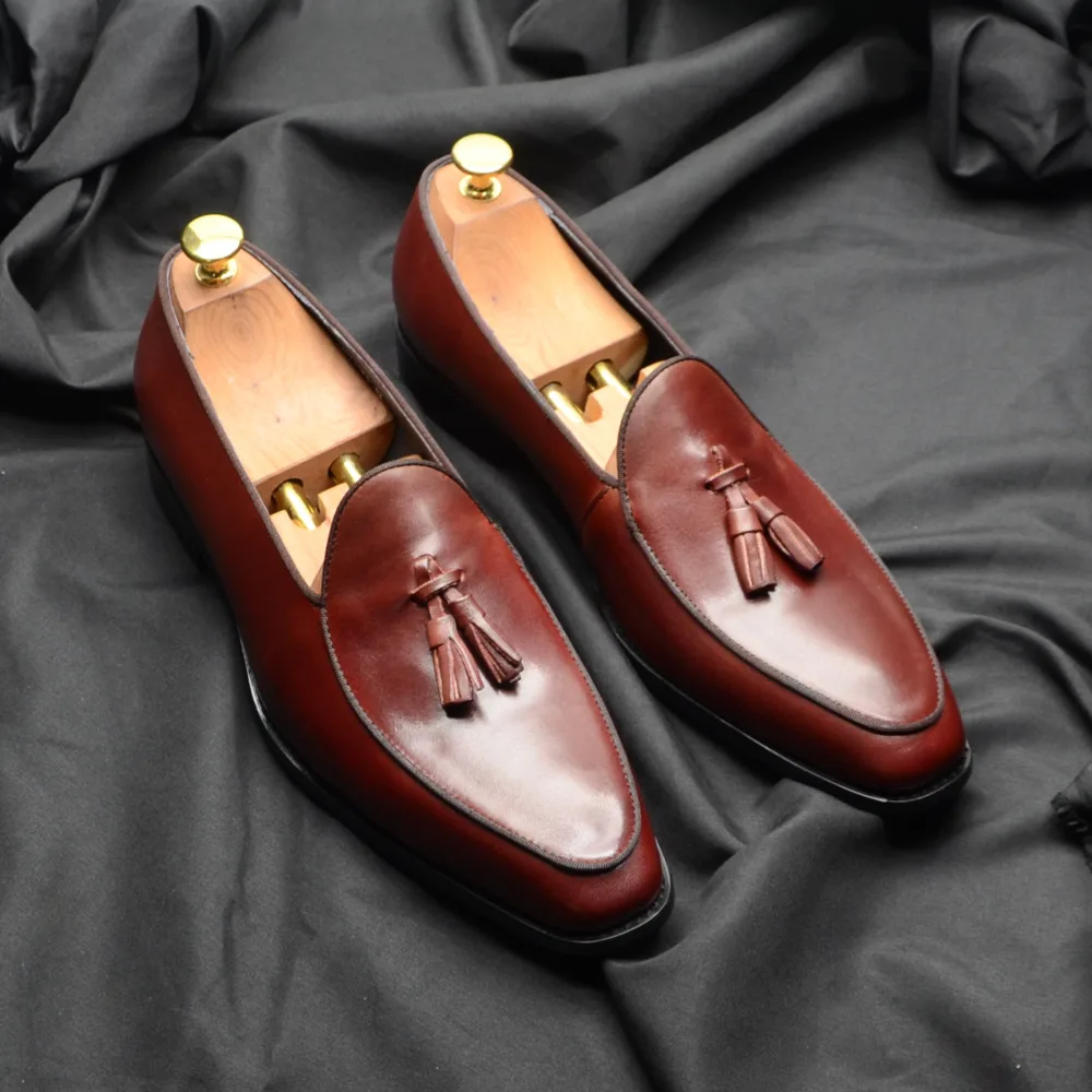 Luxury Genuine Leather Mens Tassel Loafer Shoes Size 38-46 Elegant Wedding Party Burgundy Black Slip-On Dress Shoes for Man
