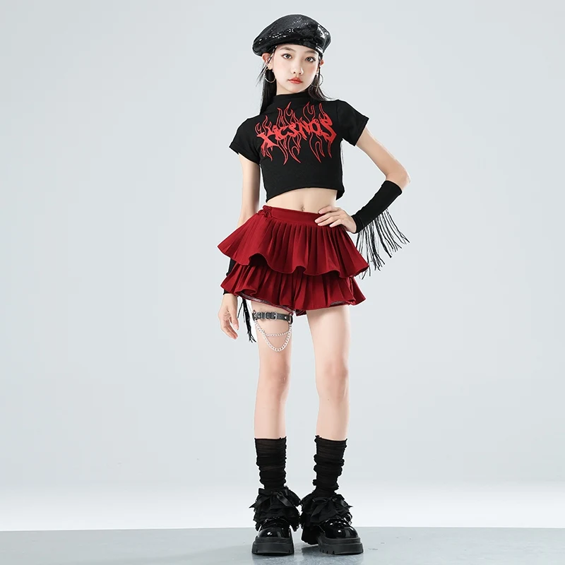 Kids Jazz Costume Cheerlead Dance Crop Tops Red Skirt Kpop Performance Outfits Hip Hop Dance Clothing Kids Street Wear BL15797