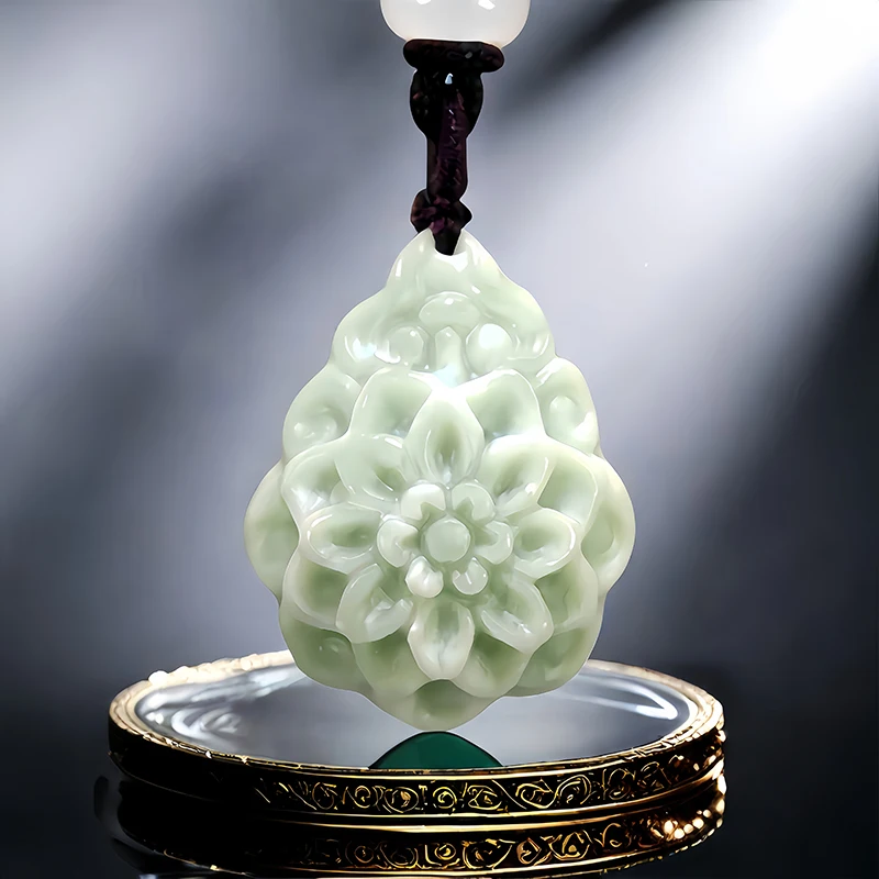 

Green Real Natural Jade Flower Pendant Necklace Luxury Designer Accessories Talismans Stone Amulet Vintage Gemstones Charm