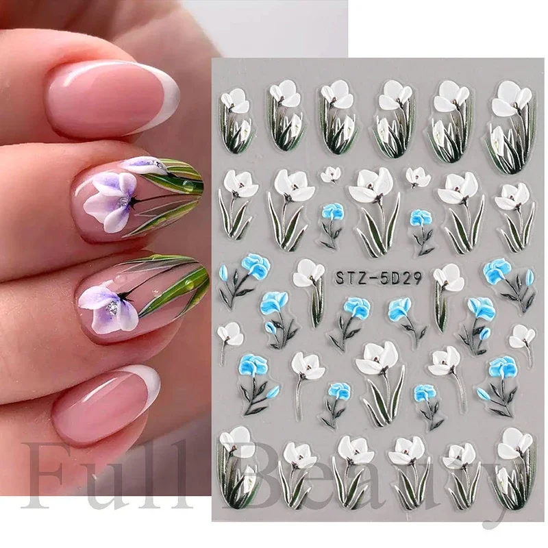 5D Nail Charmsl Stickers Flowers Leaves Self-Adhesive Slider Acrylic Summer Wedding Design Embossed Decals Nail Accessories