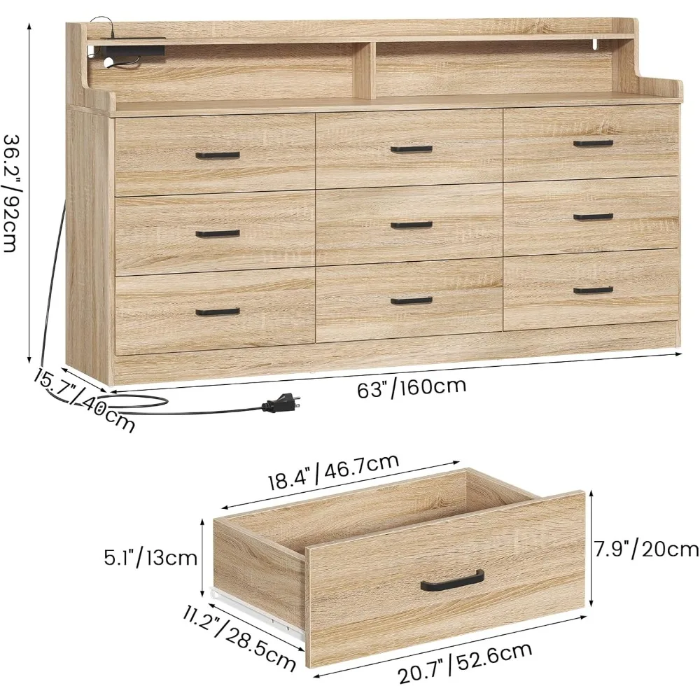 Commode à 9 tiroirs avec prise de courant intégrée, commode moderne du milieu du siècle pour chambre à coucher, rangement de commode triple large de 63 pouces