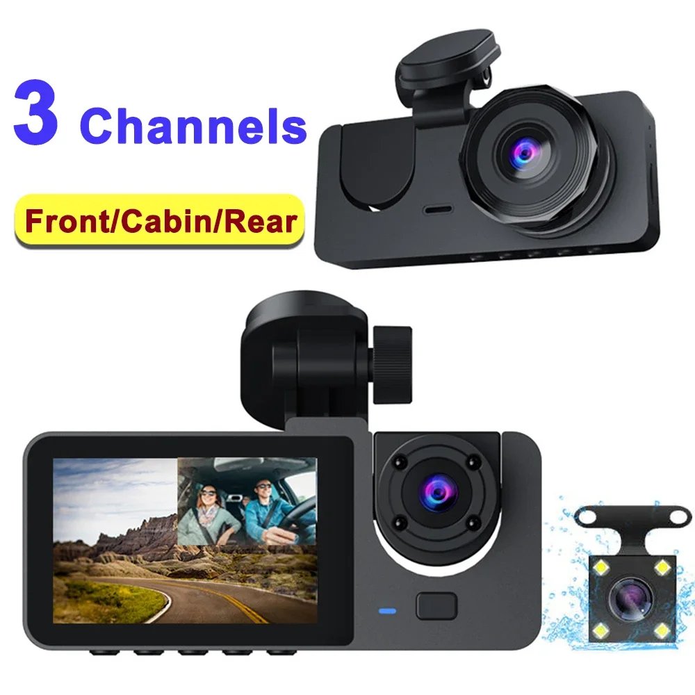 3 Camera Lens Car DVR FHD 1080P 3-Channel Dash Cam Dash Camera Dual Lens Dashcam Video Recorder Black Box 24H Parking Monitoring