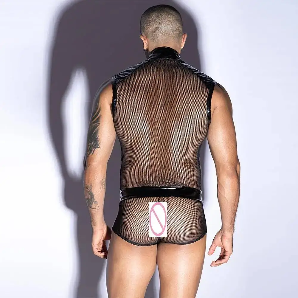 Men's Sexy Mesh See-through Lingerie Underwear Male Hormone PU Costumes Night Club Party Gay Outfit KAB4 view 4