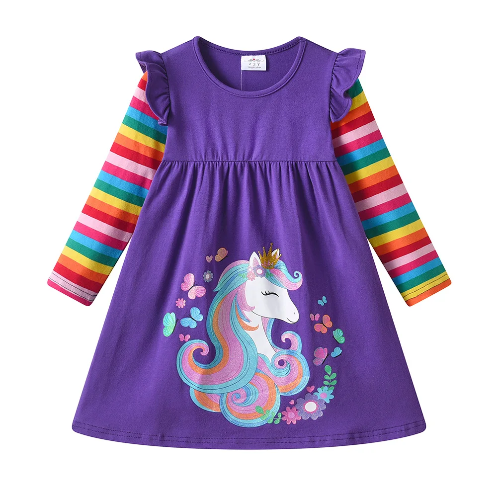 VIKITA Girls Unicorn Flower Butterfly Print Purple Cotton Casual Daily Straight Dress Kids Striped Long Sleeve Cute Clothes