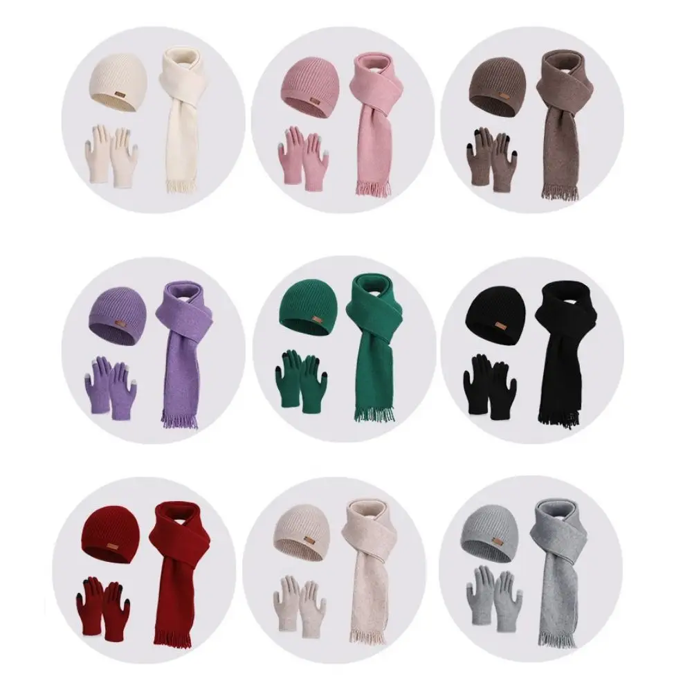 3 Piece Set Hat Scarf Gloves Set Long Scarf Anti Slip Gloves Woolen Head Cap Neck Protection Design Soft Material