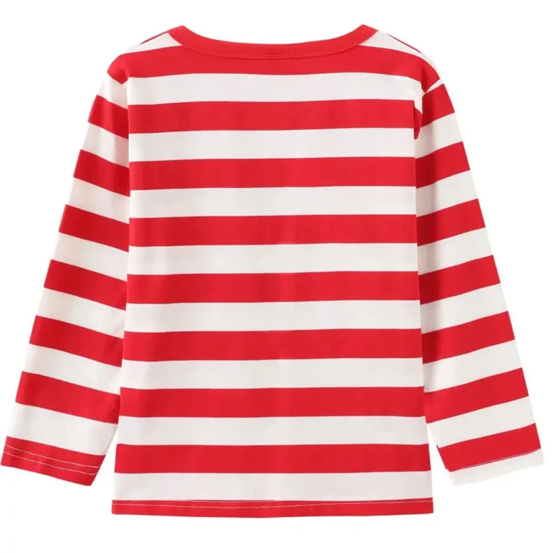 Traje de la semana del libro de Waldo para niños y niñas, disfraz de Wally Waldo de dibujos animados para padres e hijos, camisa a rayas rojas, sombrero, gafas