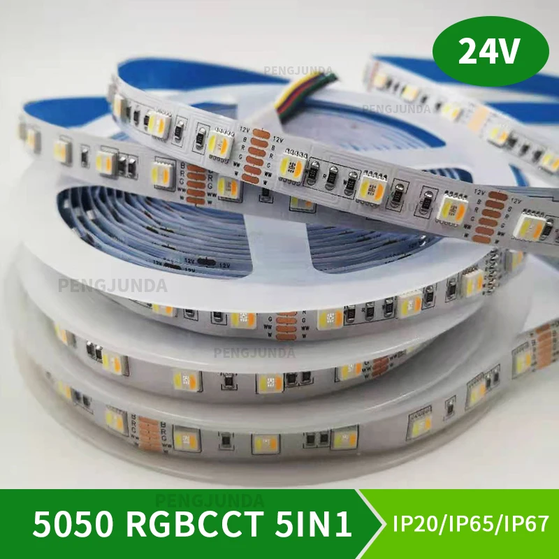 5M 96LEDs/m RGBCCT 5 In 1 LED Strip Light RGB+White+Warm White 5050 SMD Dual White Temperature Adjustable 12MM PCB DC24V