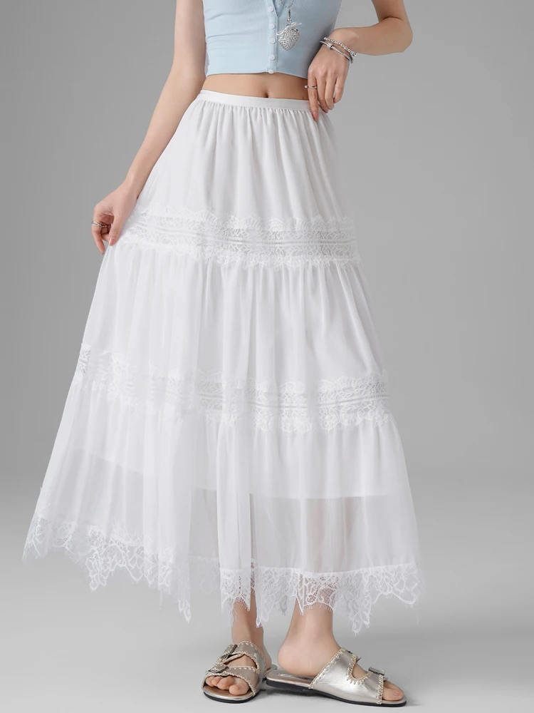 

Elegant High Waist A-Line Cake Skirt with Lace Patchwork Inner Women's Summer Soft Comfortable Baked Sweet Tempe...