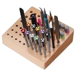 46 Holes Watch Repair Tools Holder Box Wooden Rack Leather Craft Punching Handwork Tools Organizer Carving Drill Bits Storage