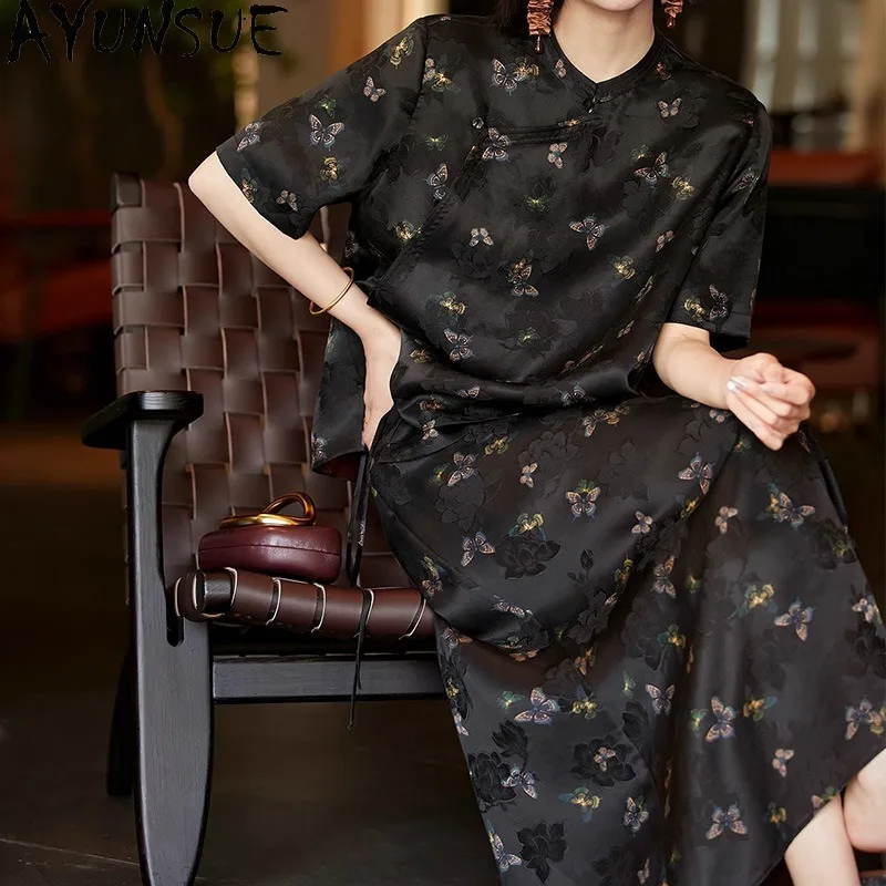 AYUNSUE Xiangyunsha Silk Women's Matching Sets Elegant Woman 2 Piece Set Outfit Short Sleeve Top Long Skirt Woman Clothes Ropa