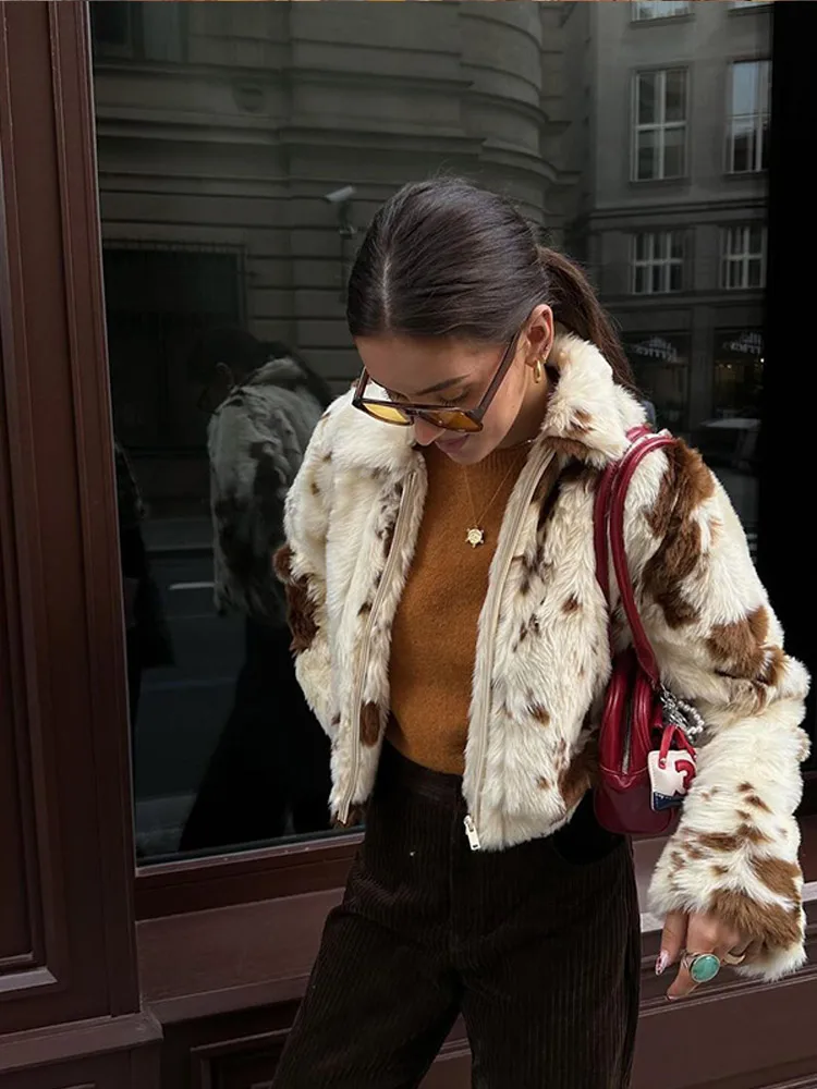 Abrigo de piel sintética con contraste para mujer, abrigos femeninos de manga larga con cremallera de solapa, prendas de vestir gruesas y cálidas con bolsillo para otoño e invierno 2024