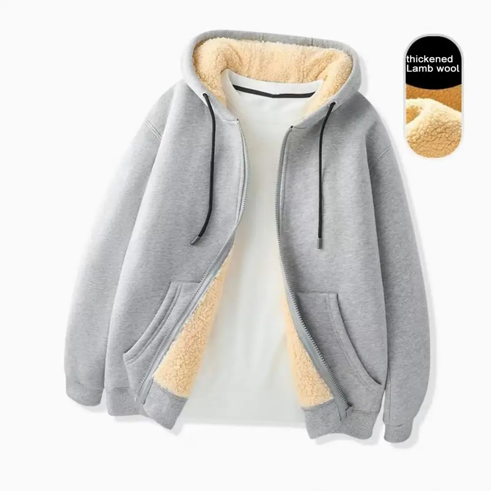 Men Winter Coat Thick Soft Plush Hooded Drawstring Long Sleeve Loose Zipper Closure Cardigan Warm Solid Color Men Jacket