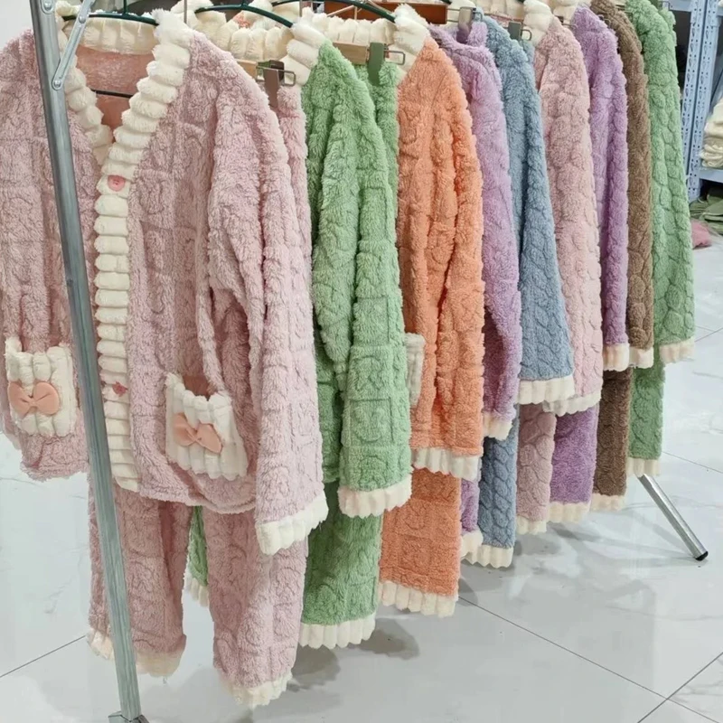 Autumn and Winter New Coral Velvet Lychee Cardigan Pajama Set Home Wear Women's Small Fragrant Style Thick and Loose Sleepwear