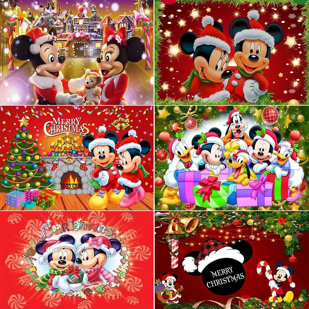 Merry Christmas Happy Year Mickey Minnie Theme Boy and Girl Birthday Ice Castle Photography Backdrop Baby Shower Banner Props