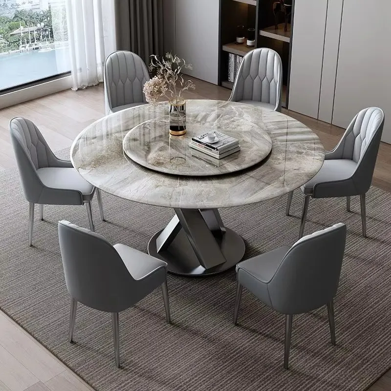 

fu-Modern Circular Dining Table with Rotating Central Rock Slab Top Metal Legs Assembled Seats 6!