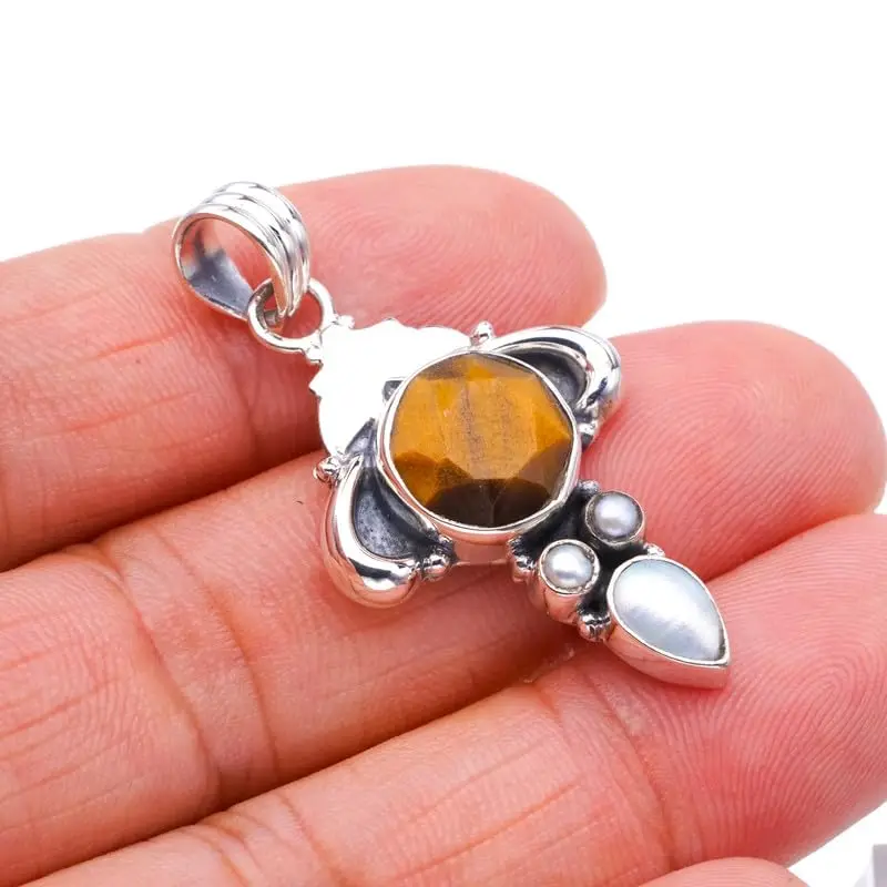

StarGems® Natural Tiger Eye River Pearl HornsHandmade 925 Sterling Silver Pendant 1.75" F3906