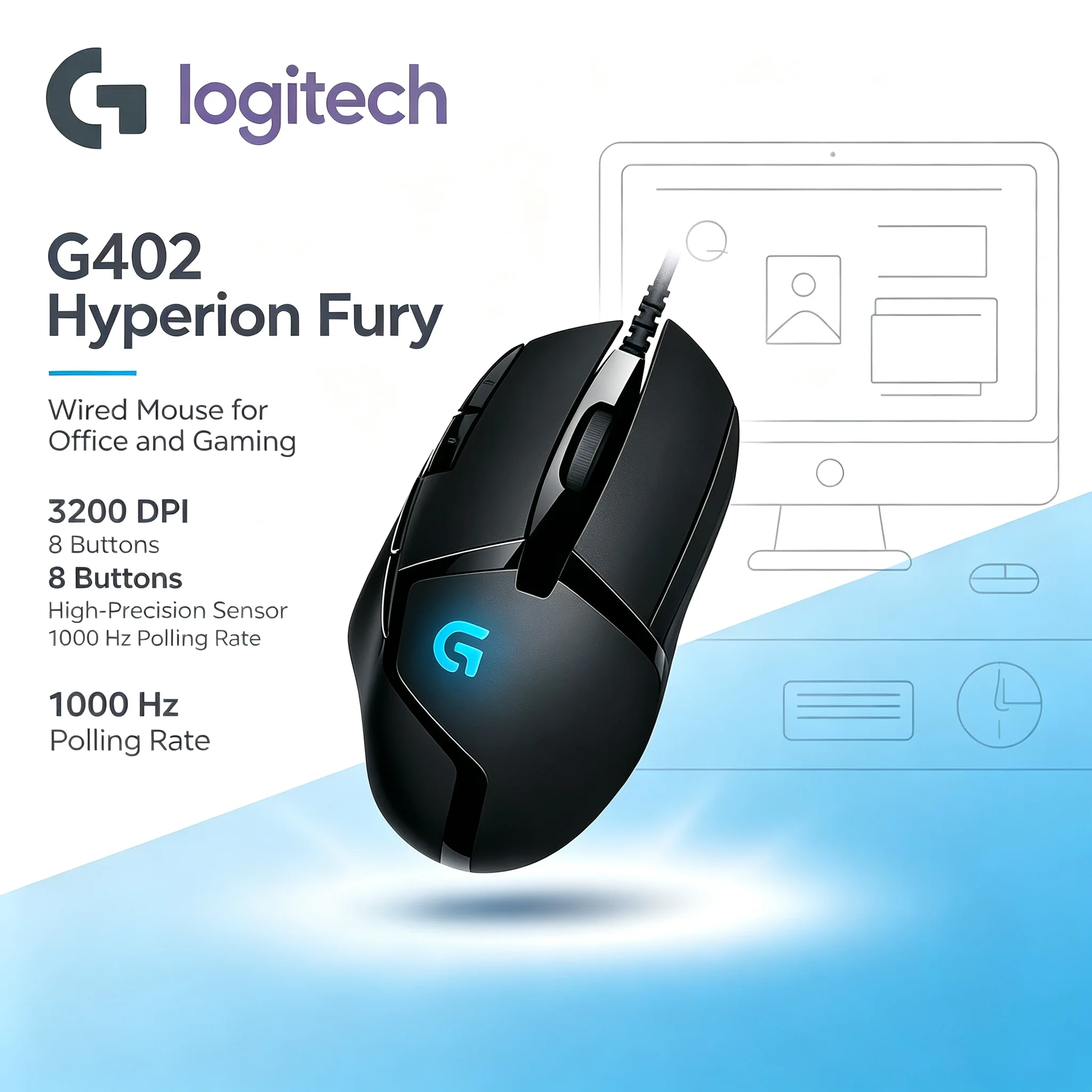 Logitech G402 Wired Gaming Mouse RGB Customizable Light Modes 8 Macro Buttons For CS 2 Valorant LOL E‑Sport Competitive Player M