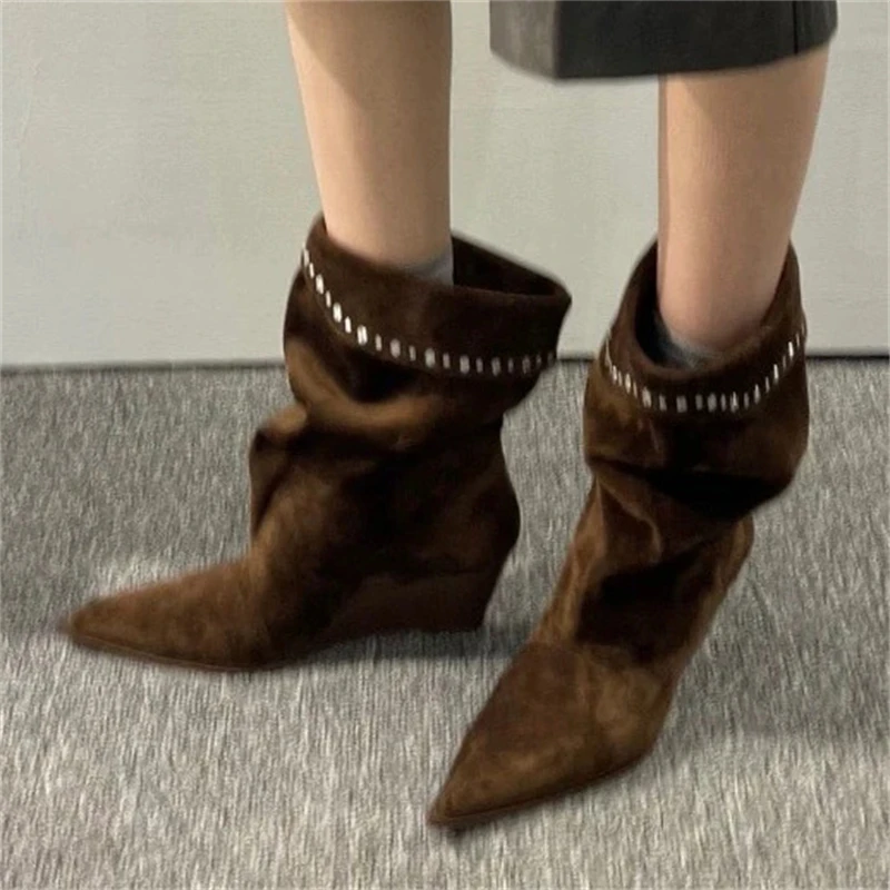 

Eilyken 2026 New Design Crystal Turned Over Edge Women Ankle Boots Punk Style Pointed Toe Wedges Heels Vintage Shoes