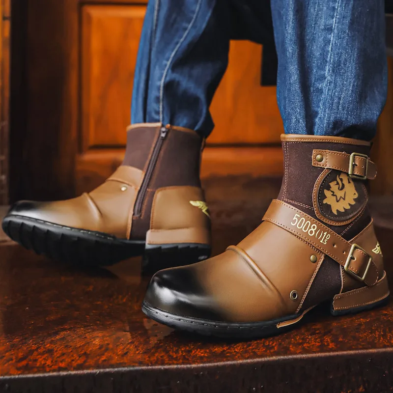 Luxury New Cowboy Men's Ankle Boots High Quality Retro Men Motorcycle Boots Fashion Western Boot Metal Style Zip Men Shoes 39-48 view 2