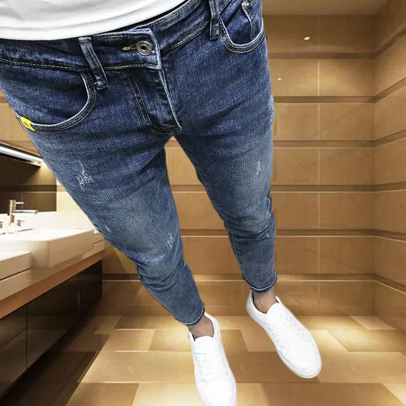 

2026 New Men Denim Pencil Pant Straight Trousers Winter Jeans Long Pants Sheath Slim Fit Casual High Waist Pocket Button Simple