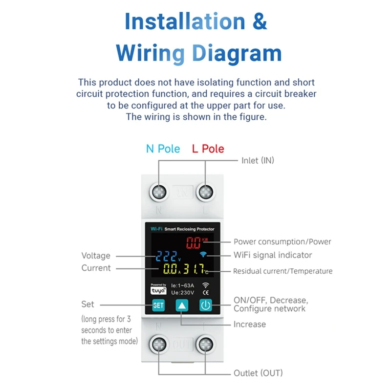 New 1P 1-63A Tuya WiFi Smart Circuit Breaker LED Display Switch with Power Metering Smart Life Control Via Home-ANKL