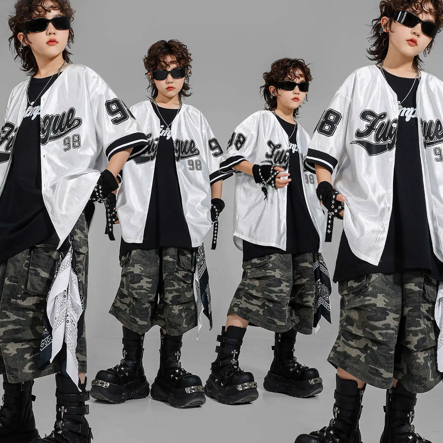 

Kid Kpop Hip Hop Clothing Silver Baseball Cardigan Shirt Camo Cargo Shorts Middle Pants for Girl Boy Jazz Dance Costume Clothes