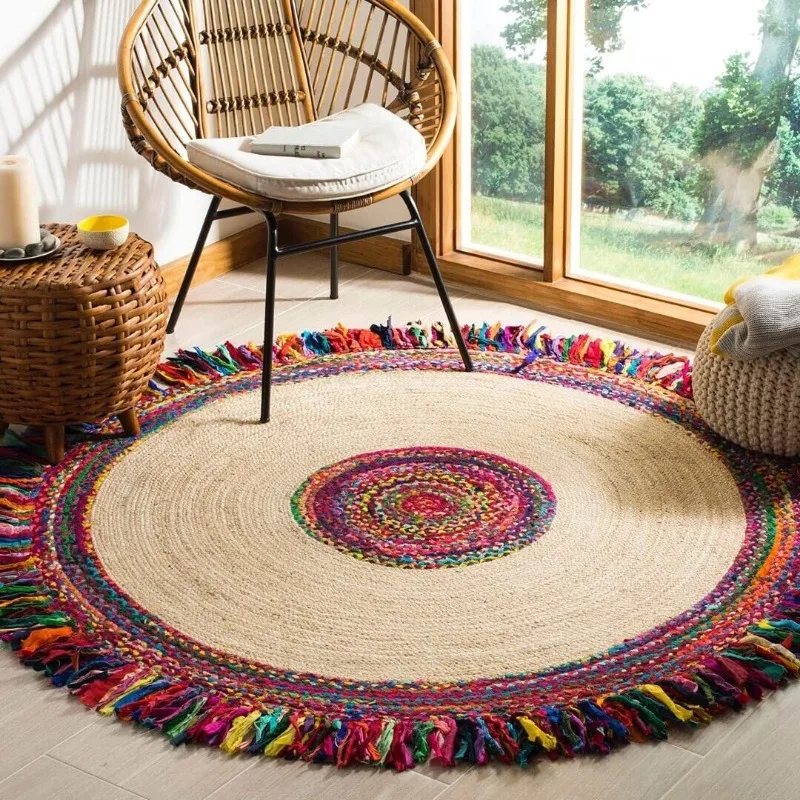 

Rug Jute & Cotton Round Reversible Handmade Area Rug Rustic Modern Look Rag Rug