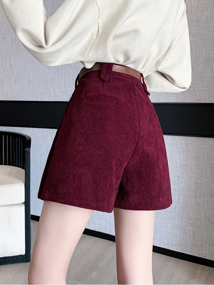 Mode Streetwear velours côtelé jupes Shorts femme ample jambe large plissé hiver Shorts avec ceinture Culottes a-ligne pantalons courts femmes