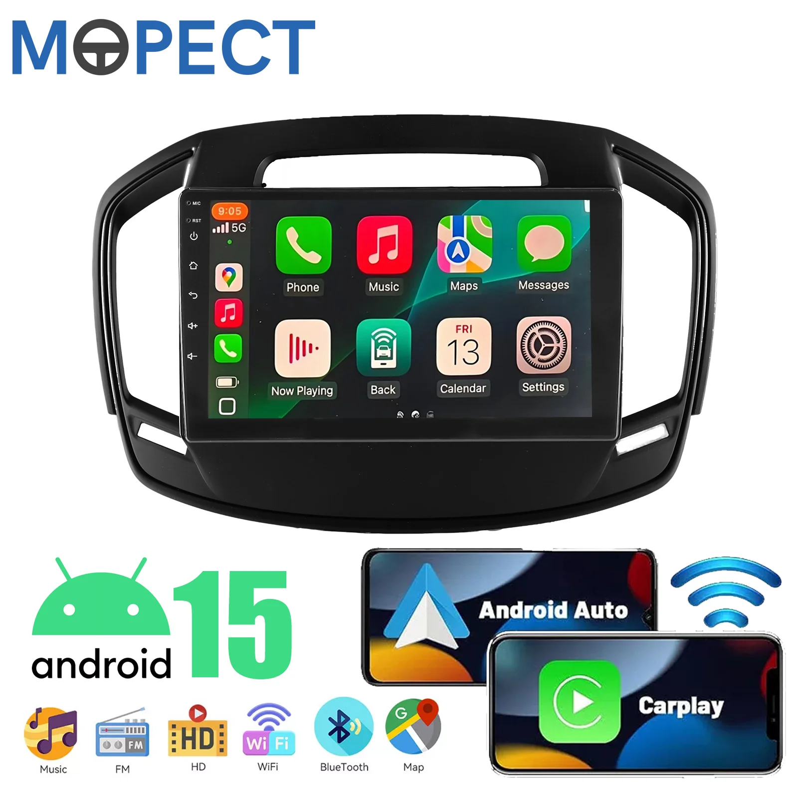 MOPECT Für Opel Vauxhall Insignia 2013-2017 9" Android 15 Kabelloses Carplay 4+64G/128G Autoradio GPS Navi FM BT RDS SWC WiFi USB