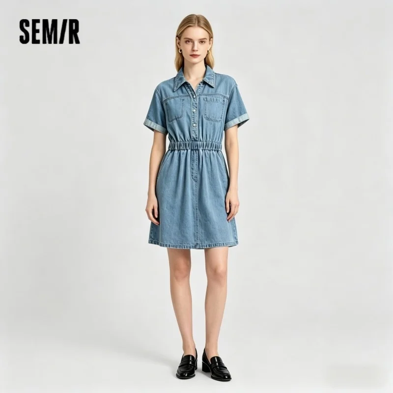 Semir Women Denim Dress Waist Trimming Lapel Cargo Style Slim Vintage Mini 2026 Chic Fashion Casual Daily Wear