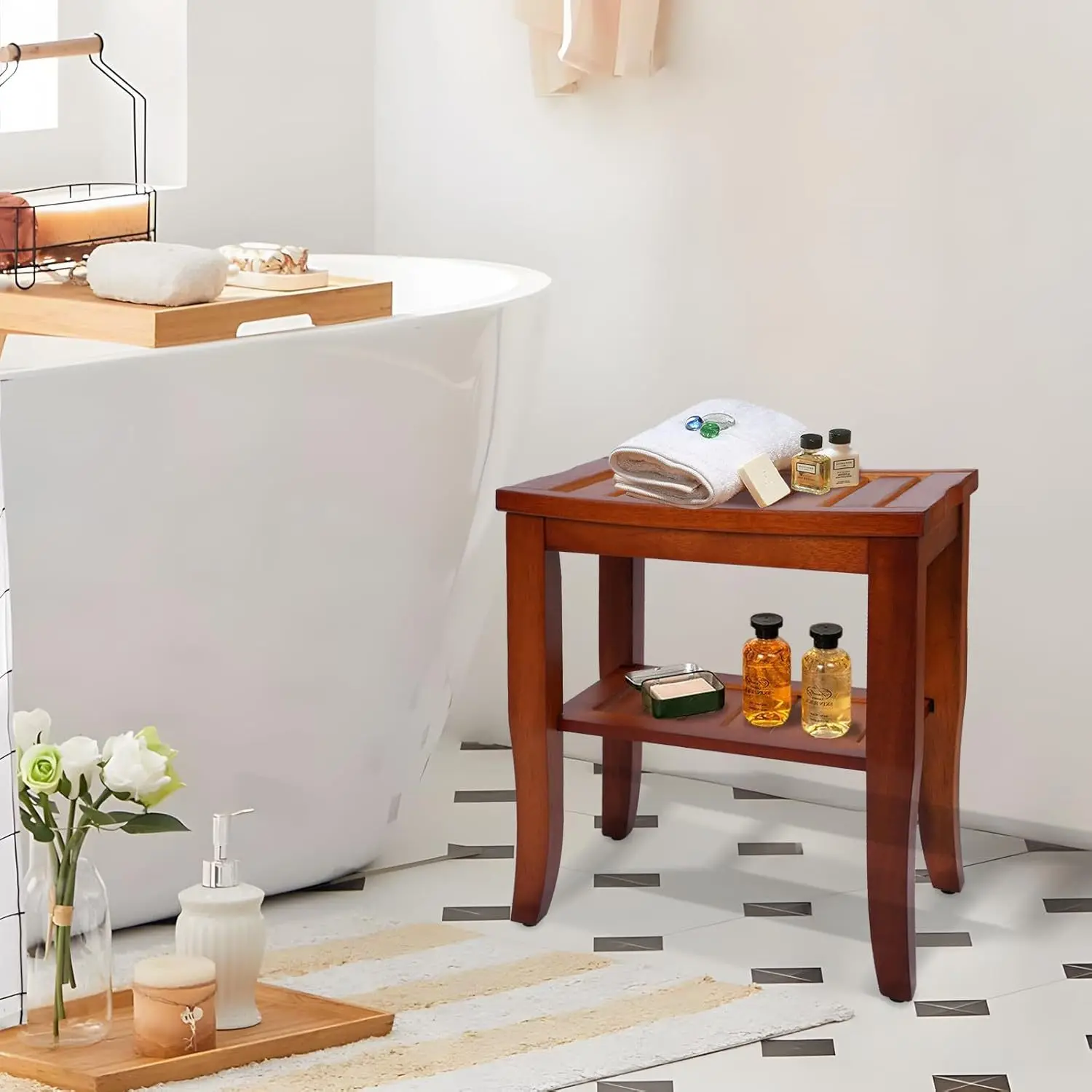 Wooden waterproof bathroom stool Teak shower stool with storage rack Available indoors and outdoors
